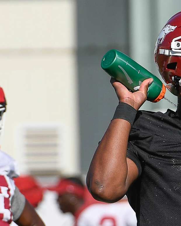 Razorbacks quarterback KJ Jefferson during Tuesday's practice outdoors in Fayetteville